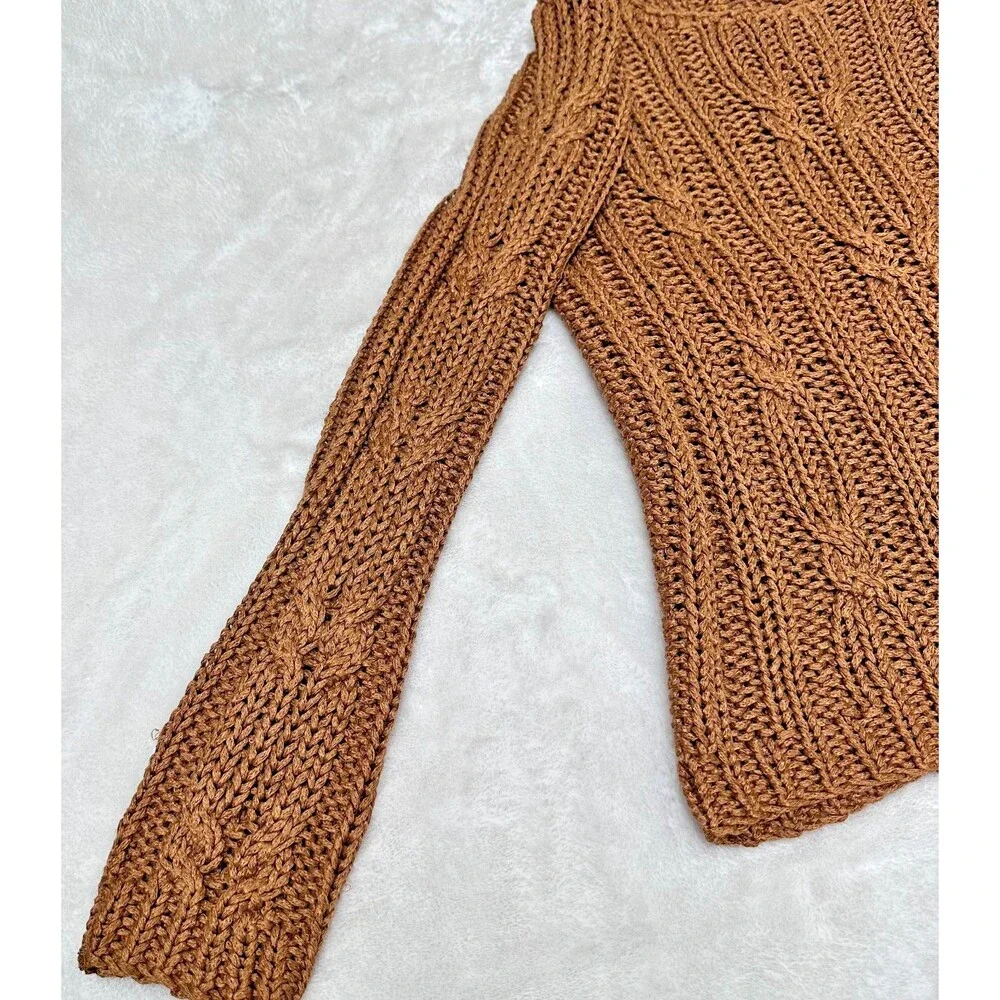Vintage Anne Klein 90s Linen Blend Cable Knit Fisherman Sweater Camel SzM